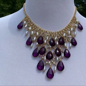 SCAASI NECKLACE VINTAGE STATEMENT BIB GOLD PURPLE CRYSTALS RHINESTONE FAUX PEARL